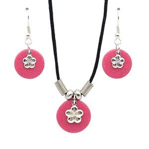 Necklace and Earrings Set - Dark Pink Flowers - Unique Polymer Clay Design